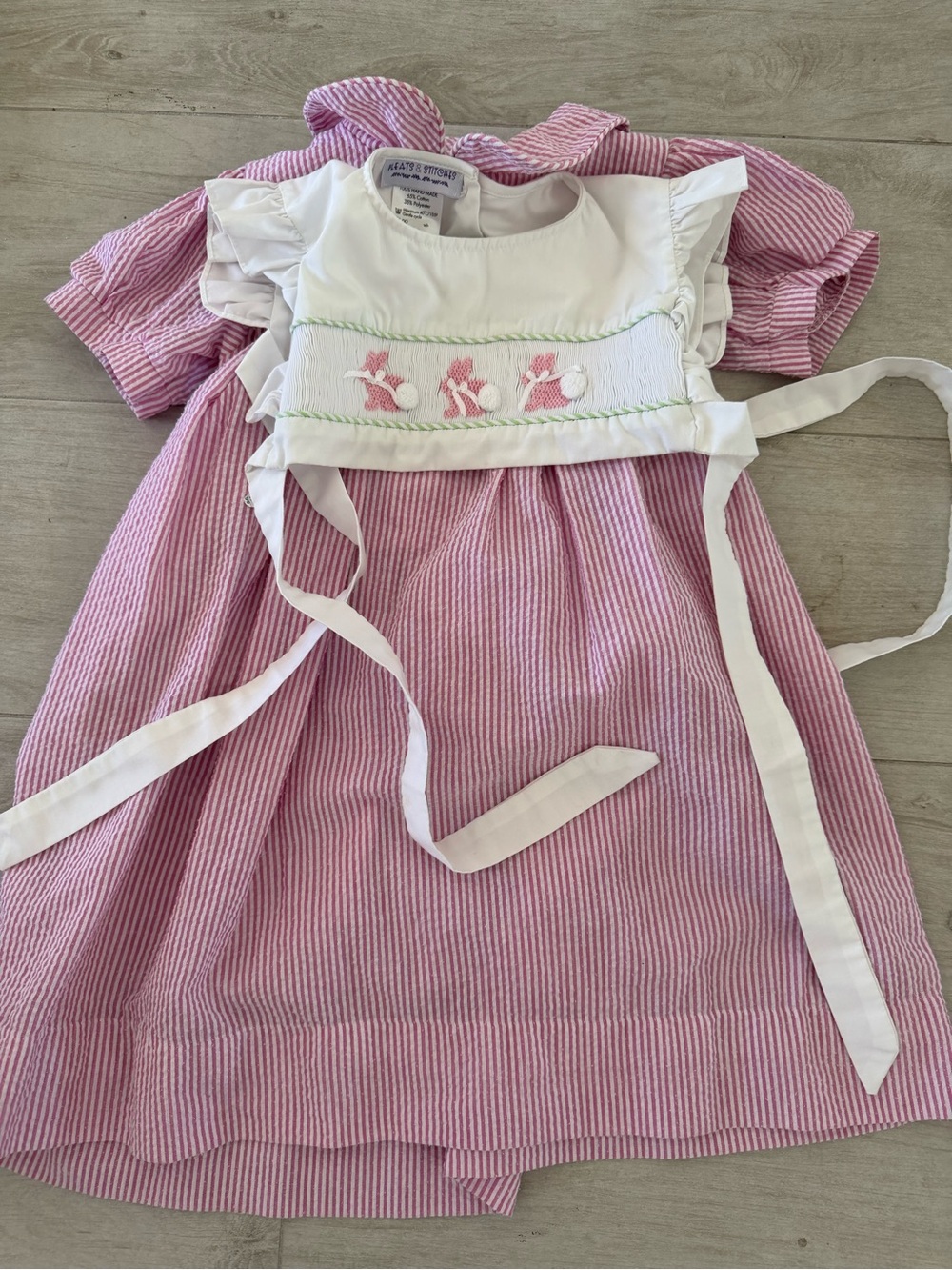 Classic Pink Seersucker Smocked Kids Dress with Bunny Bib